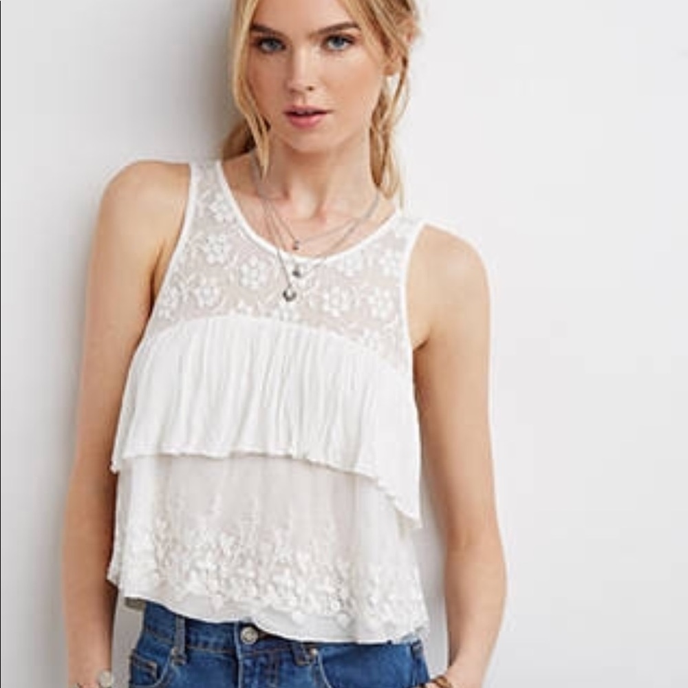 Forever21 NWT Embroidered-Mesh Layered Top / S